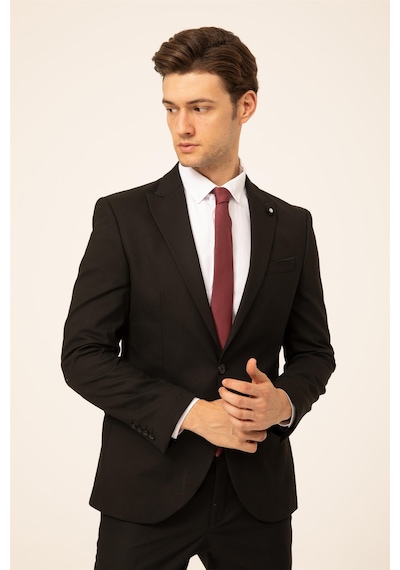 Süvari Siyah Slim Fit Düz Sivri Yaka 6 Drop Klasik Takım Elbise