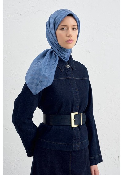 Armine Jakarlı İpek Pamuk Dama Eşarp - 4464 Mavi