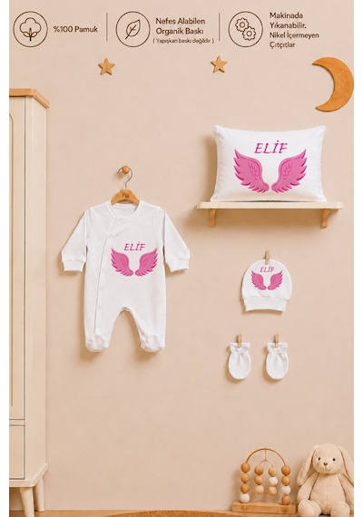 Pia Baby İsme Özel Hastane Çıkışı %100 Pamuk Kız Bebek Organik Baskılı Tulum Set Keseli Hediyelik 2055tybk0x Krem