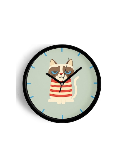 Kedi Tasarım Modern Duvar Saati - 25cm - Önü Camlı Siyah Kasa - Sessiz Mekanizma-jh0235 Siyah