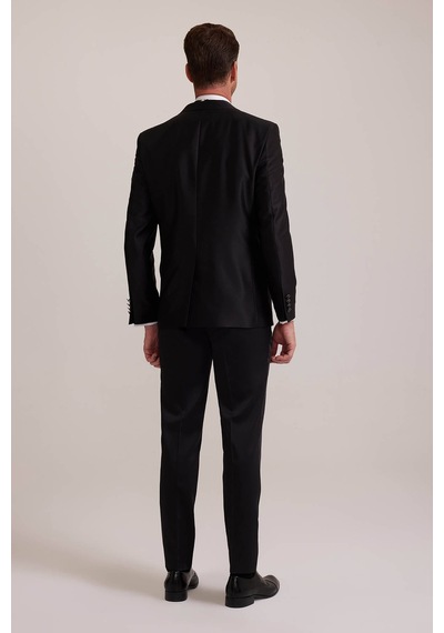 Ysf Erkek Siyah Kırlangıç Yaka Yelekli Desenli Slim Fit Damatlık