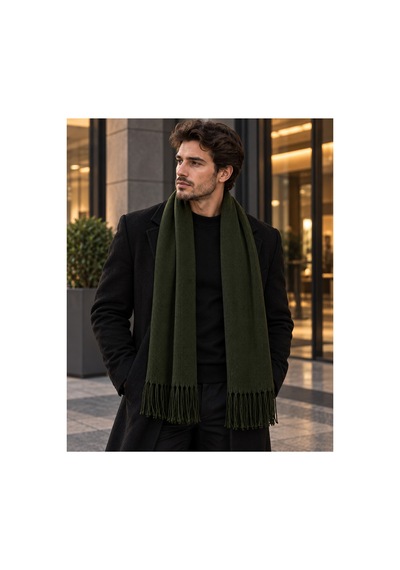 Aydincapqa Unisex Selanik Örgü Görünümlü Triko Atkı Püsküllü Kışlık Boyun Atkısı 165x20 Haki - 944087051 Haki