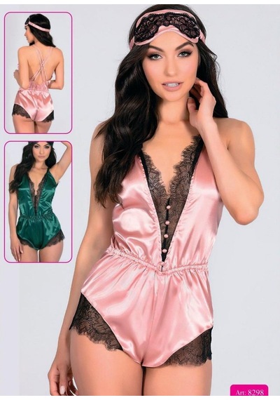 Dantel Detaylı Saten Tulum Babydoll Pembe