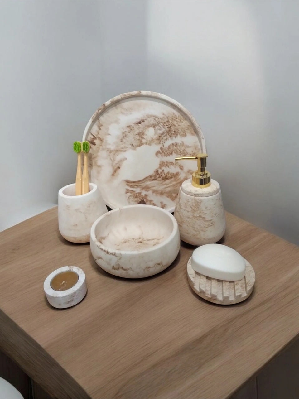 6'lı Mermer Desen Bej Beton Banyo Seti,sabunluk,diş Fırçalığı,tepsi,mumluk,havluluk, Aksesuar Bej