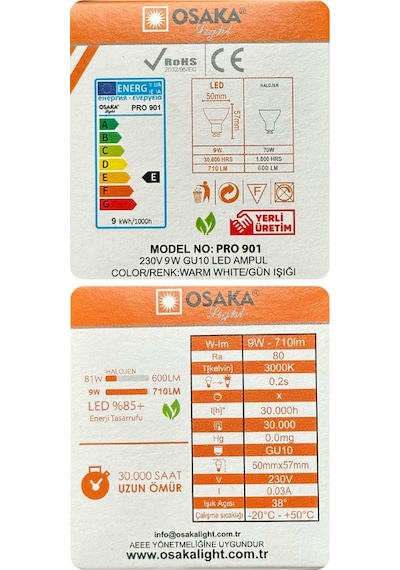 3 Adet Osaka 9w 70w Sarı Işık 3000k Gu10 Duylu Led Çanak Ampul