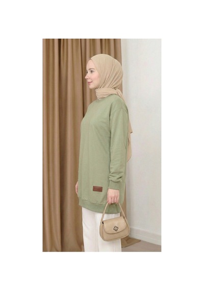 Unika Boutique Kadın Bisiklet Yaka Tesettür Yırtmaçlı Armalı Tunik Sweat Sweatshirt Kahverengi