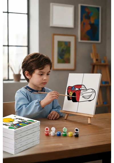 Sevimli Kırmızı Yarış Arabası Şövaleli Boya Seti 20x20