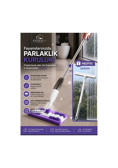 2'li Zemin Ve Cam Temizlik Seti - 360 Döner Başlıklı Spreyli Mop Paspas + Hediye Cam & Ayna Çekçeği
