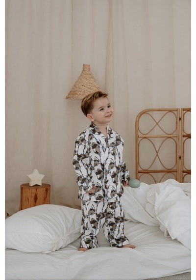 Panda Desenli Yaka Detaylı Çocuk Pijama Takım Mavi