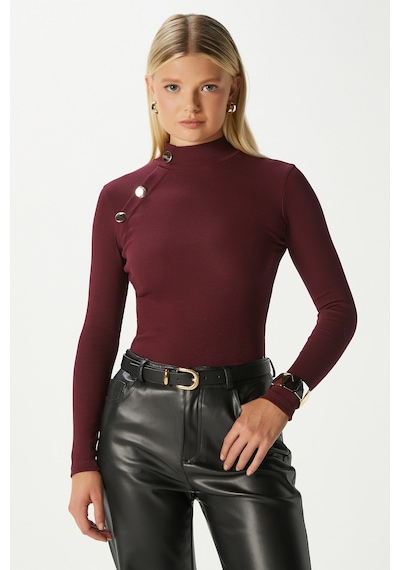Ritnice Kadın Gloria Gold Düğmeli Uzun Kollu Bordo Fitilli Pamuk Bluz Bordo