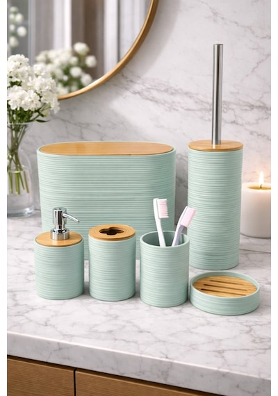 Makri Home 6 Parça Su Yeşili Banyo Seti, Bambu Detaylı, 8l Çöp Kovası 24x26x16 Cm Mint Yeşili