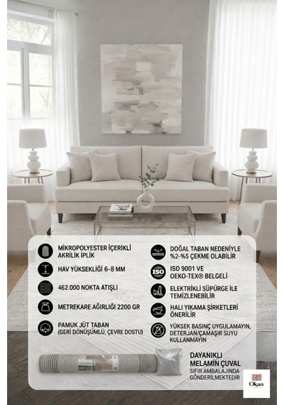 Modern Akrilik Salon Halısı Ekstra Yumuşak Kalın Dokuma Pamuk Jüt Tabanlı Lüks Halı Krem