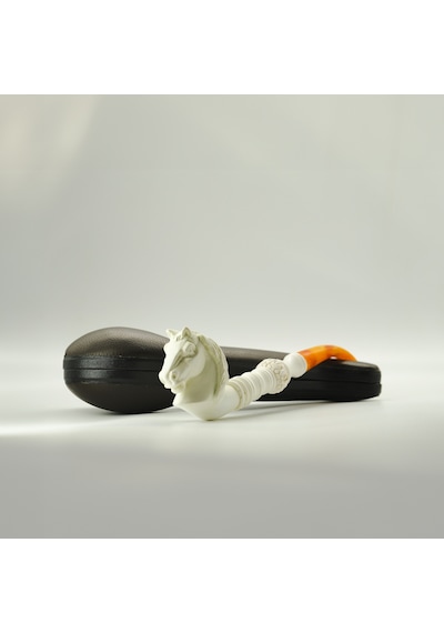El Yapımı Lületaşı At Başlı Pipo 23 Cm Uzunluk, Akrilik Amber Ağızlık, Özel Oyma Meerschaum Pipo