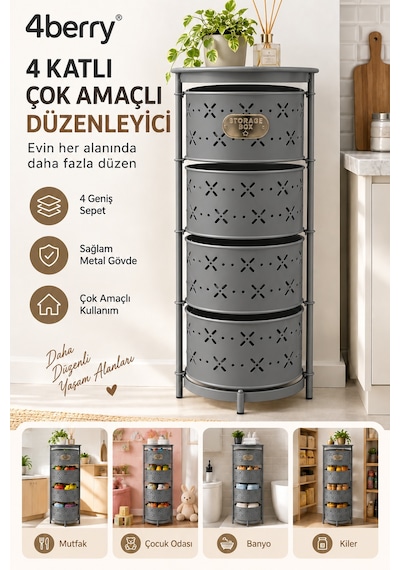 4 Katlı Metal Çok Amaçlı Düzenleyici Sepet Mutfak Sebzelik, Oyuncak, Banyo Ve Ev Organizeri Antrasit