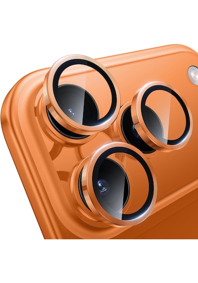 Apple Uyumlu   iPhone 17 Pro Max / 17 Pro Kozmik Turuncu Metal Çerçeveli Cam Kamera Lens Koruyucu Metal Aparatlı