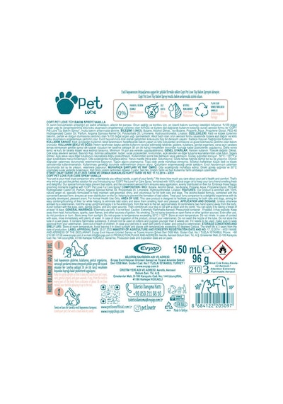 Pet Love Tüy Bakım Spreyi Vanilya Doğal Argan Yağlı 150 ML