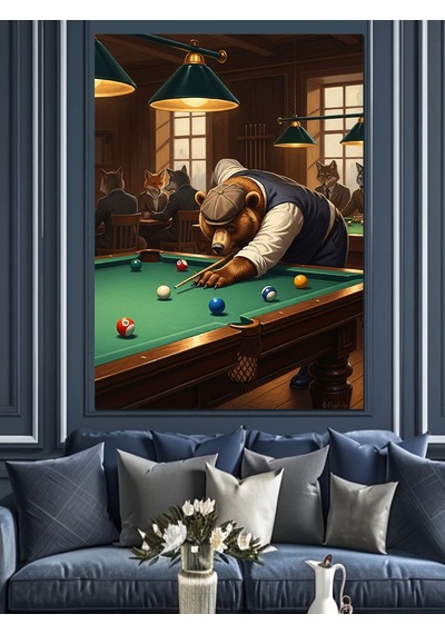 Bilardo Masasında Düşünen Ayı Figürü Dekoratif Kanvas - Mdf Ahşap Tablo