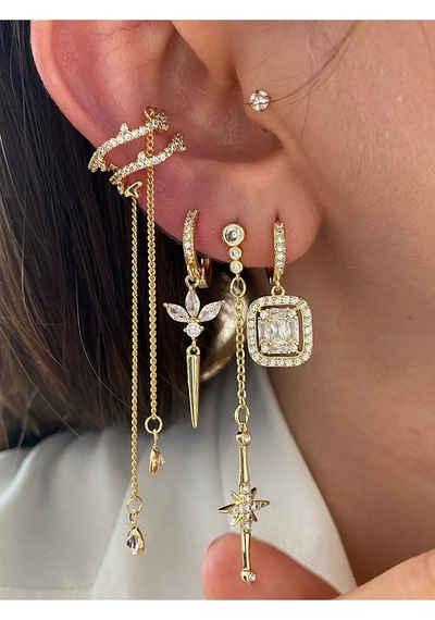 Pinery Jewels Baget Ve Zirkon Taşlı 3'lü Altın Kaplama Kadın Küpe Seti Altın