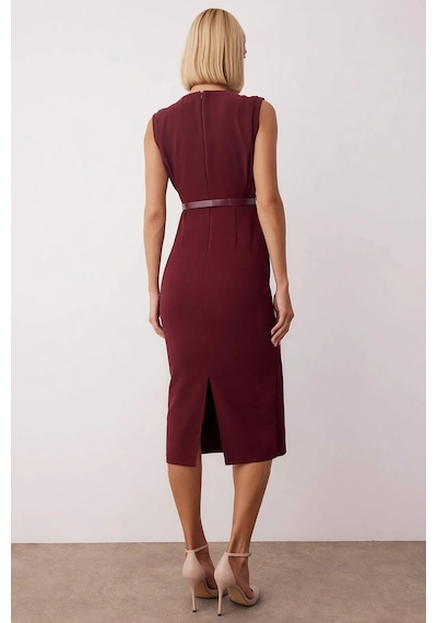 Benerly Kadın Bisiklet Yaka Kolsuz Bodycon Kalıp Düz Desen Dokuma Midi El Bordo