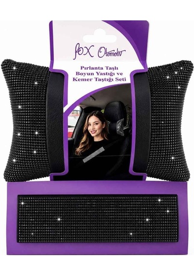 Işıltılı Pırlanta Taşlı Ergonomik Boyun Yastığı Ve Konforlu Emniyet Kemer Süngeri Seti Üniversal Siyah Glz02808127