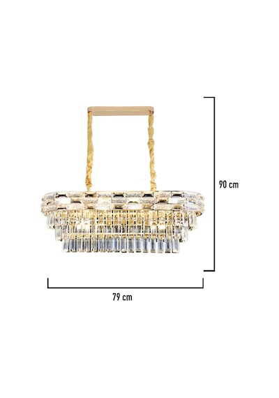 Dolares Sıralı 40 Watt Dikdörtgen Gold Kristal Taşlı Yemek Masası Üstü, Salon Avize Altın