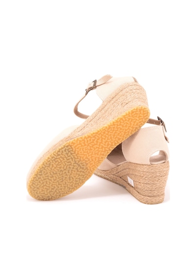 Gerçek Elişi Bej Bilekten Bantlı Topuğu Açık Keten Espadril Dolgu Topuk Handmade Bej