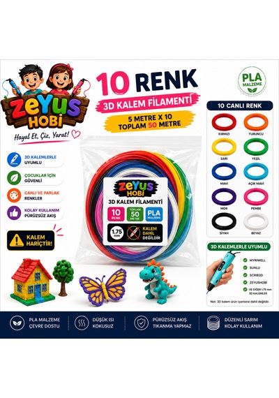Zeyus Filament 10 Renk 5 Metre 3d Kalem Filamenti