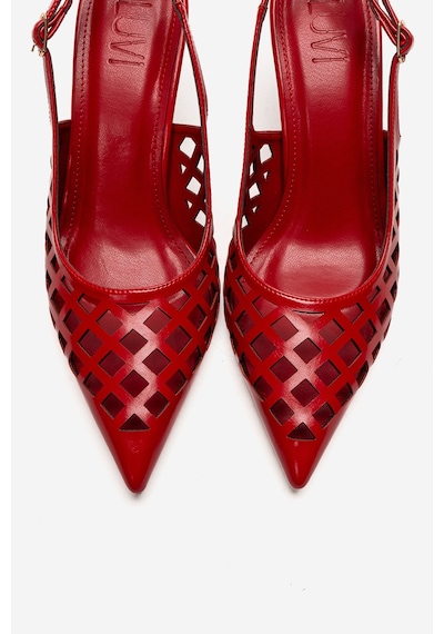 Luvishoes Jever Kırmızı Cilt Lazer Kesim Sivri Burun Slingback Kadın İnce Topuklu Ayakkabı Kırmızı