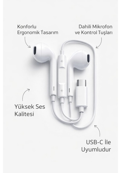 Type-c Girişli Mikrofonlu Kablolu Kulakiçi Kulaklık - Üstün Ses Netliği Ve Ergonomik Tasarım - Beyaz Rio