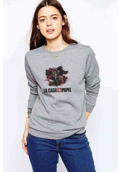 La Case De Papel Dali El Baskılı Gri Kadın Sweatshirt