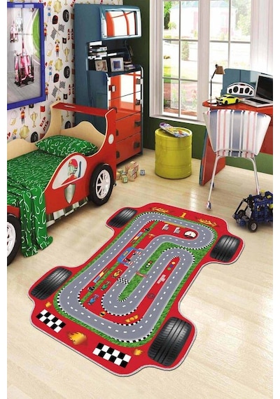 Kırmızı Kaymaz Taban Arabalı Lazer Kesim Çocuk Halısı Ar288n11