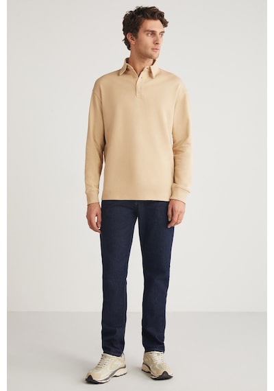 Grımelange JOHN Erkek Polo Sweat Gömlek Yakalı Arkası Uzun Yırtmaçlı Diagonel Kumaşlı Bej Sweatshirt