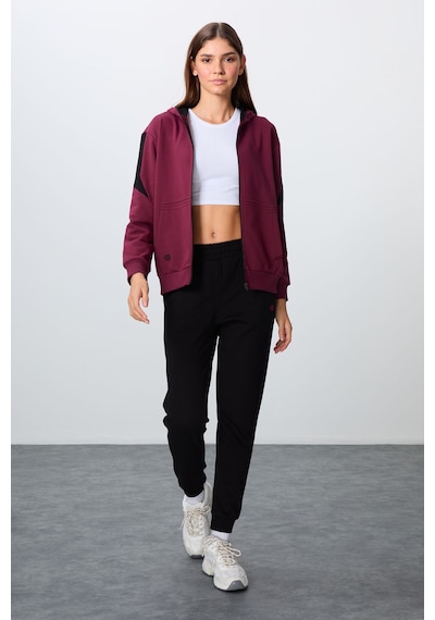 Tommy Life Erguvan-siyah Kompakt Pamuklu Kalın Pürüzsüz Dokulu Kapüşonlu Oversize Fit Kadın Eşofman Takım - 95 Mor