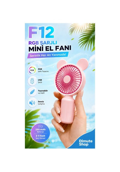 F12 Mini El Fanı Şarjlı Taşınabilir Usb El Vantilatörü Pembe - 886035522