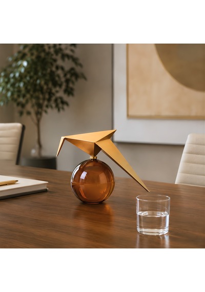 Auren Glide Gold Metal Kuş Figürlü Amber Camlı Dekoratif Biblo