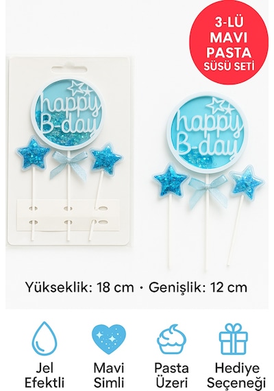 Happy B-day Mavi Simli Pasta Süsü 3 Lü Set Yıldızlı Şeffaf Jel Tasarım Doğum Günü Dekoru