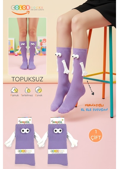 Color Socks Mor Çocuk Mıknatıslı El Ele Tutuşan Çoraplar Topuksuz Mor
