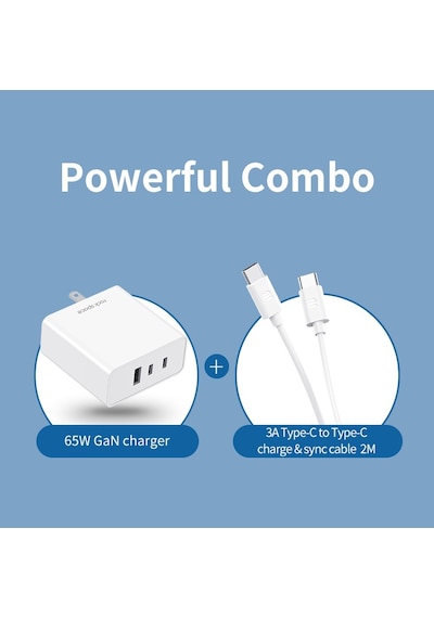 Rock T31 Gan 65w Pd 3.0 & Qc 4.0 Hızlı Seyahat Şarj Set Beyaz 2m Type-c To Type-c Kablo