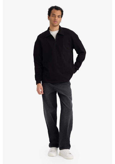 Defacto Boxy Fit Polo Yaka Yarım Fermuarlı Pike Sweatshirt G6471ax25wnbk81 Siyah-bk81