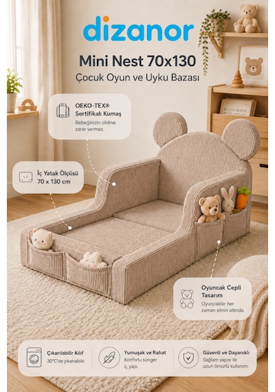 Dizanor Mini Nest 6sı 1 Arada Bebek Oyun Parkı Ve Park Yatak Bej Fitilli 70 X 130