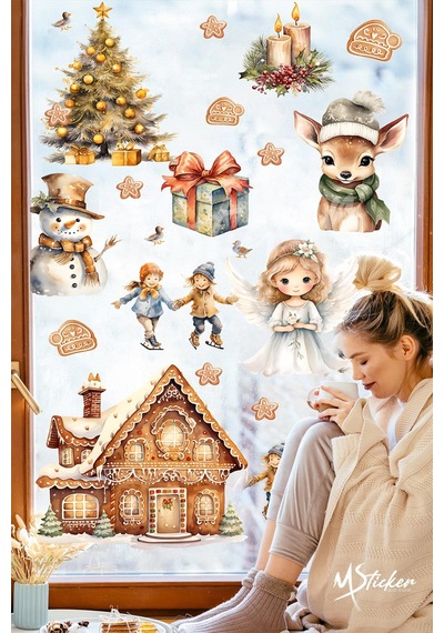 Yeni Yıl Masalı, Sevimli Yılbaşı Figürleri Sticker Seti, Kış Yılbaşı Süsü Sticker Cam Duvar Sticker Dijital Baskı