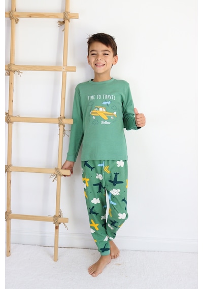 Harika Kids Erkek Çocuk Baskılı İnterlok Kumaş Uzun Kollu Pijama Takımı Yeşil