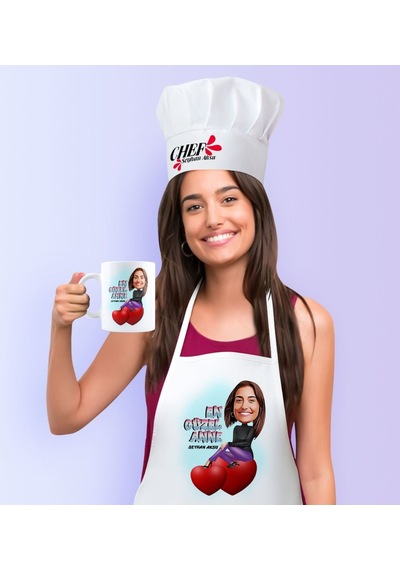 Kişiye Özel En Güzel Anne Karikatürlü Mutfak Önlüğü Aşçı Şapkası