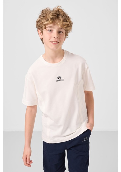 Ekru-lacivert Pamuklu Oversize Fit Dokuma Hafif Esnek Chino Erkek Çocuk Şort Takım - 11276 Ekru