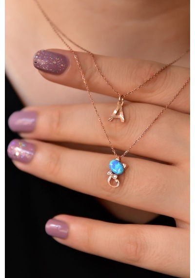 Papatya Silver 925 Ayar Gümüş Rose Kaplama Harf ve Opal Taşlı Kedi Asansör Kolye