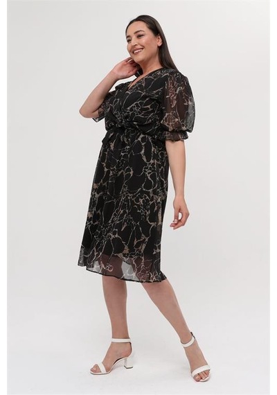 Neşeli Butik Kadın Astarlı Büyük Beden Şifon Elbise Ryx8063 Siyah