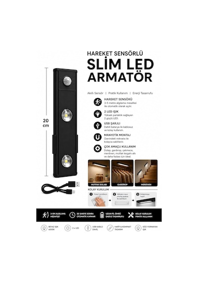 Hareket Sensörlü Slim Led Kabin Armatürü Dekoratif Dim Edilebilir Usb Şarjlı Aydınlatma Siyah,