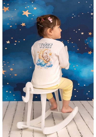 Pia Baby İsme Özel Erkek Çocuk 2 Adet Pijama Takımı %100 Pamuk Penye İsim Baskılı Kişiye Özel Kreş Pijaması Hediye Seti 11134m15pi Krem