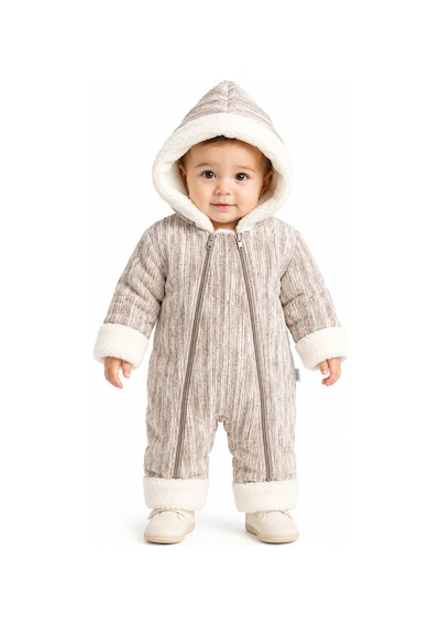 Tatlı Unisex Bebek Fitilli Kadife Kozmonot Tulum Peluş Kürklü Kapüşonlu Çift Fermuarlı Kışlık Bebek Tulumu Krem