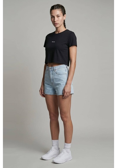 Woneagle Waneagle Kadın Siyah Bisiklet Yaka Logolu Sportif Crop Tişört Siyah Siyah